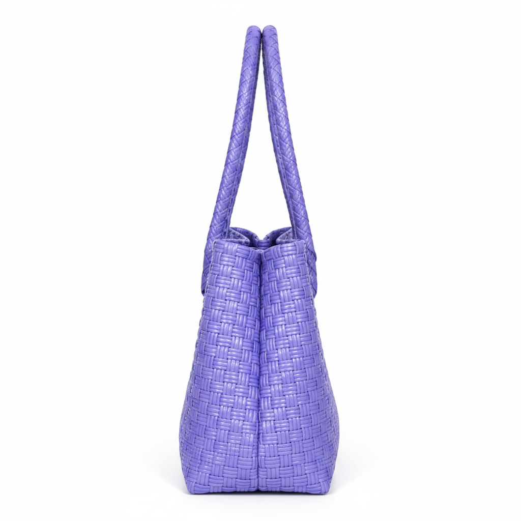 90-degree side profile of the lavender purple handwoven bag