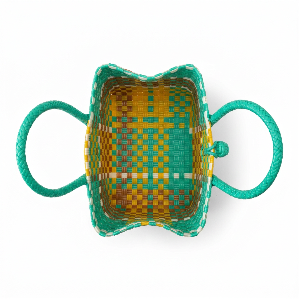 Kulay ng Pista turquoise yellow and brown patchwork petite mini tote, overhead open-top view on white