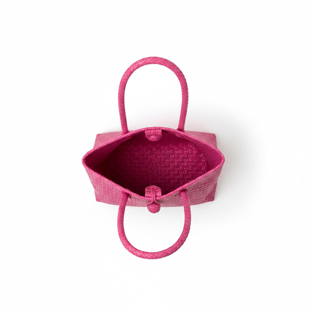 Aerial top-down view of the vibrant pink handwoven bag