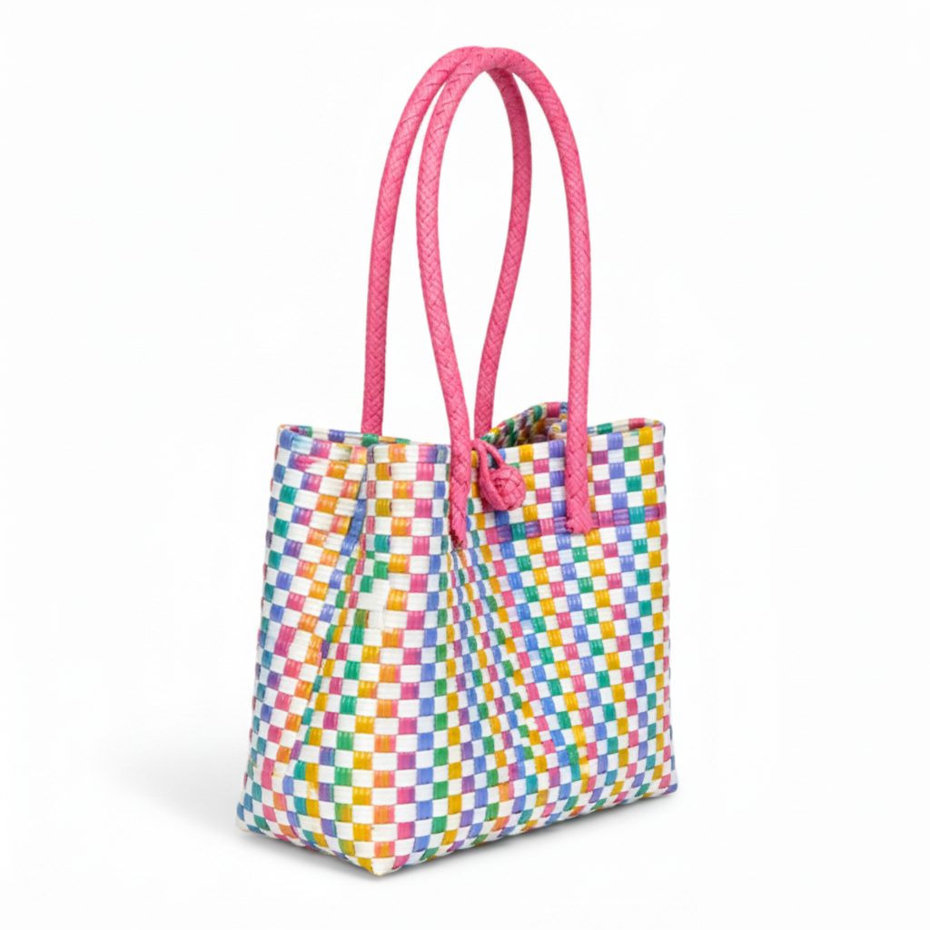 30-degree angle view of the multicolor checker handwoven bag