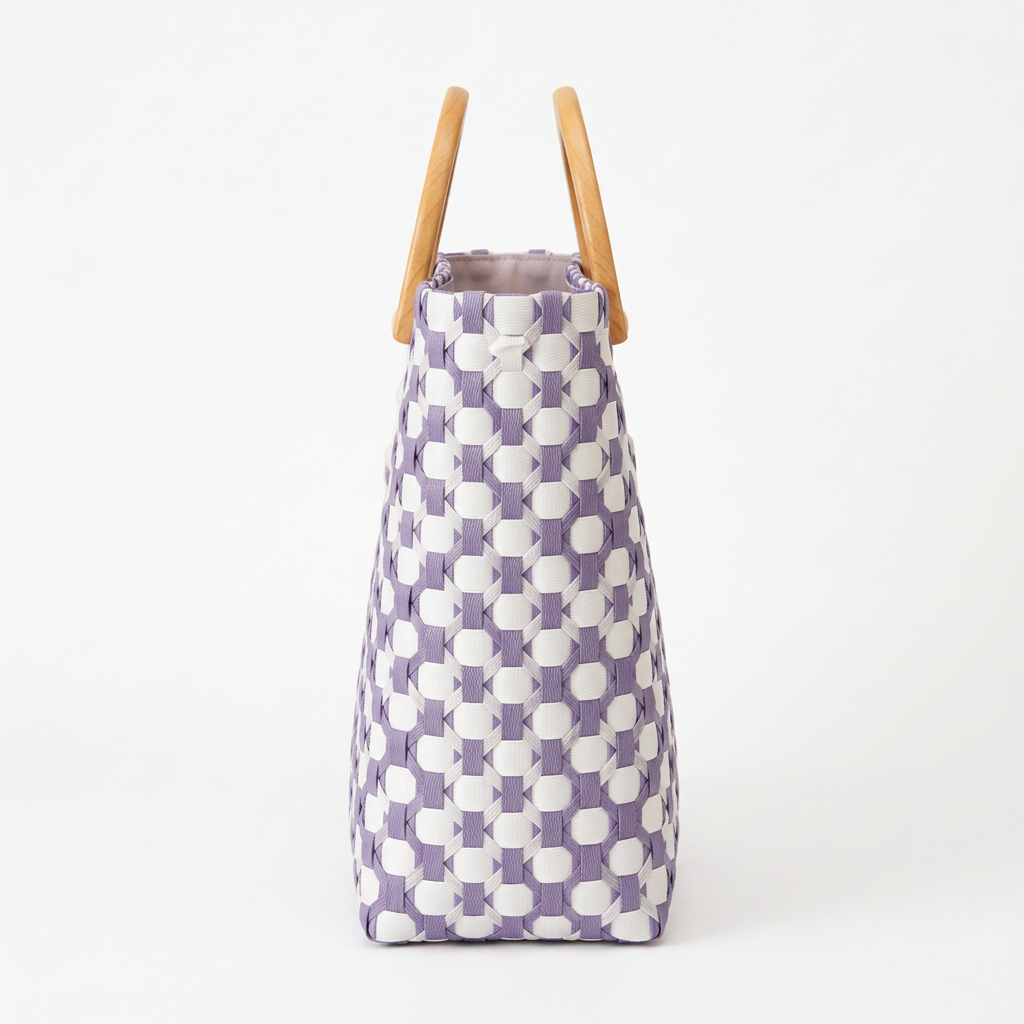 Habi Violeta lavender purple and white floral handwoven tote bag, side view