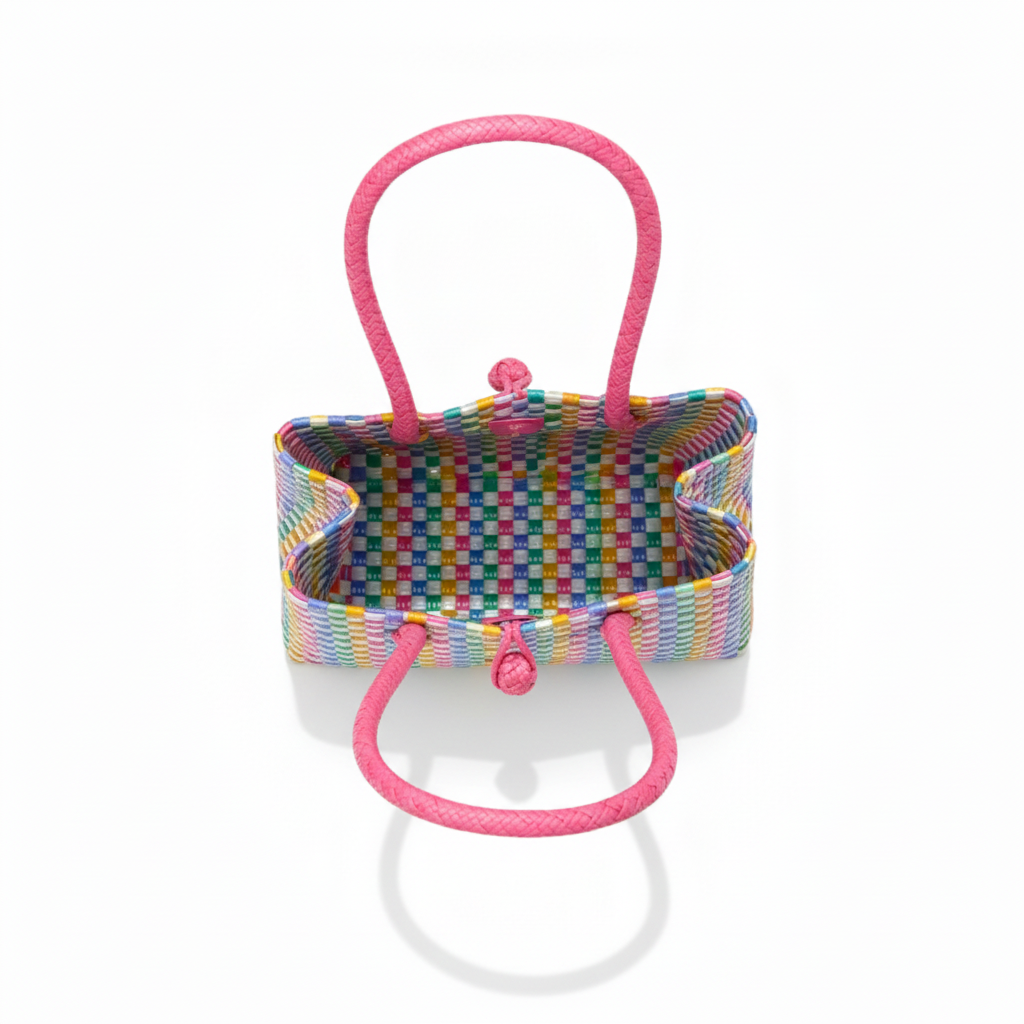 Aerial top-down view of the multicolor checker handwoven bag