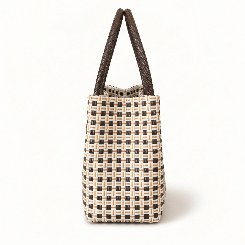 Habi Taho cream and chocolate brown handwoven tote bag, side view