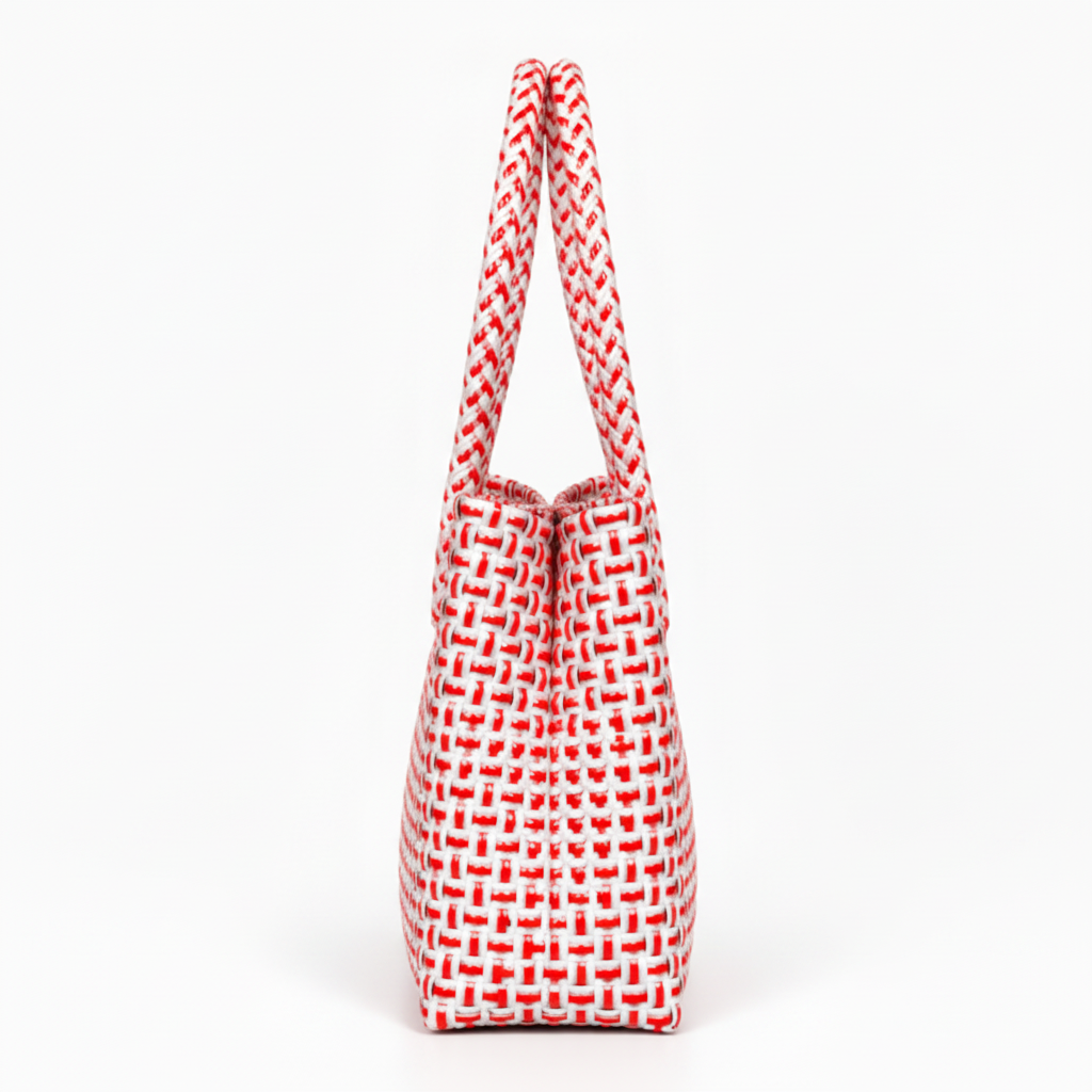 90-degree side profile of the red and white handwoven bag