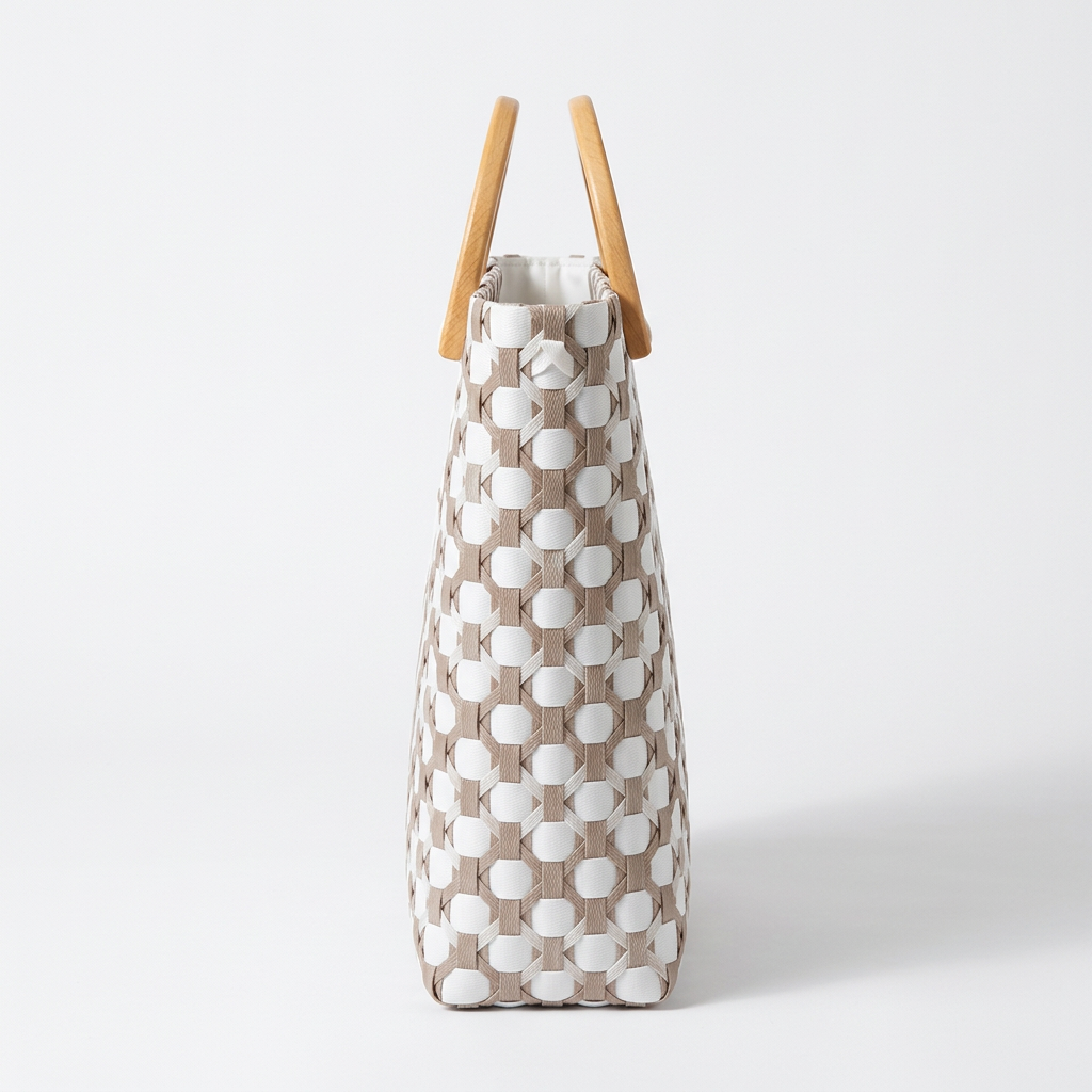 Habi Hamog taupe and white floral handwoven tote bag, side view