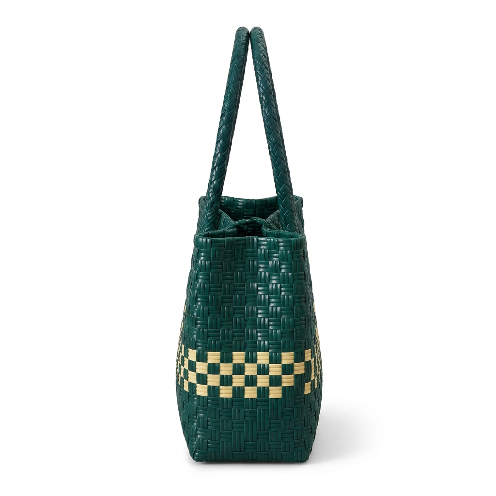Gubat dark forest green woven compact tote, side view on white