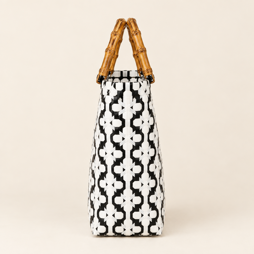 Side profile of woven tote