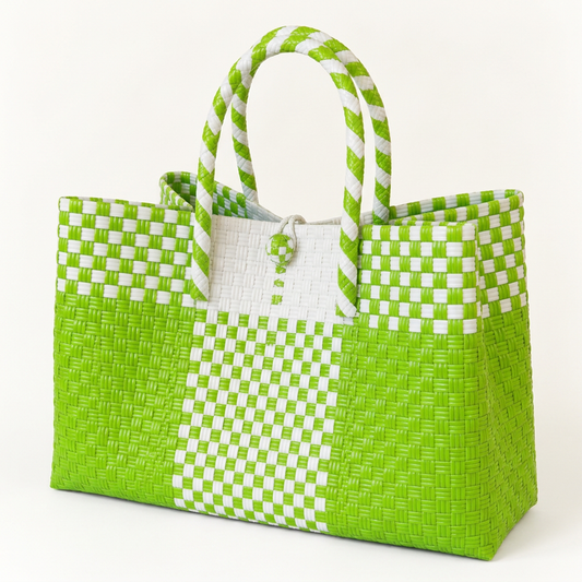 Habi Buko lime green and white checkerboard handwoven tote bag, 30-degree angle view