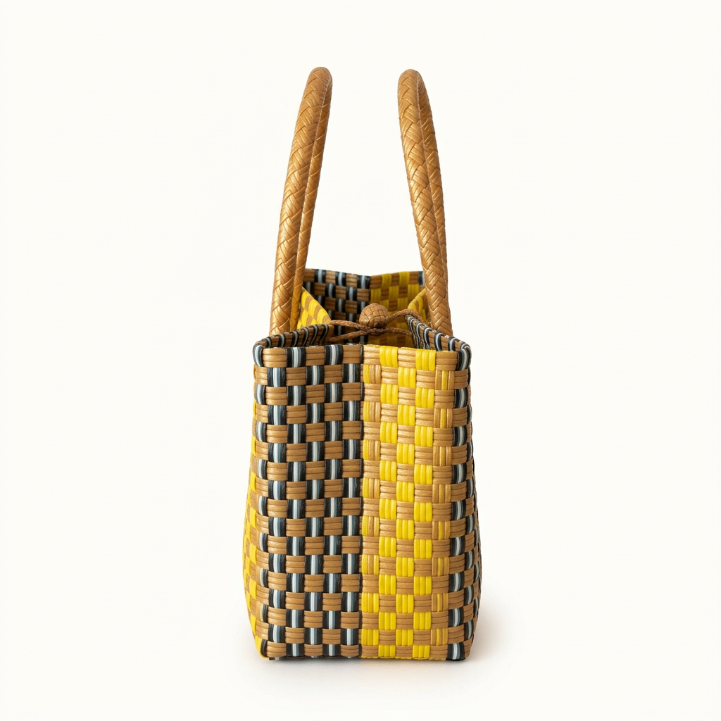Sinag at Dagat woven compact tote, side view, smaller framing on white