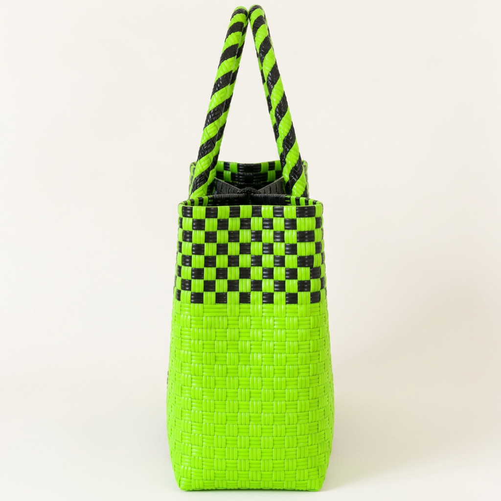 Side view of lime green and black woven bayong tote