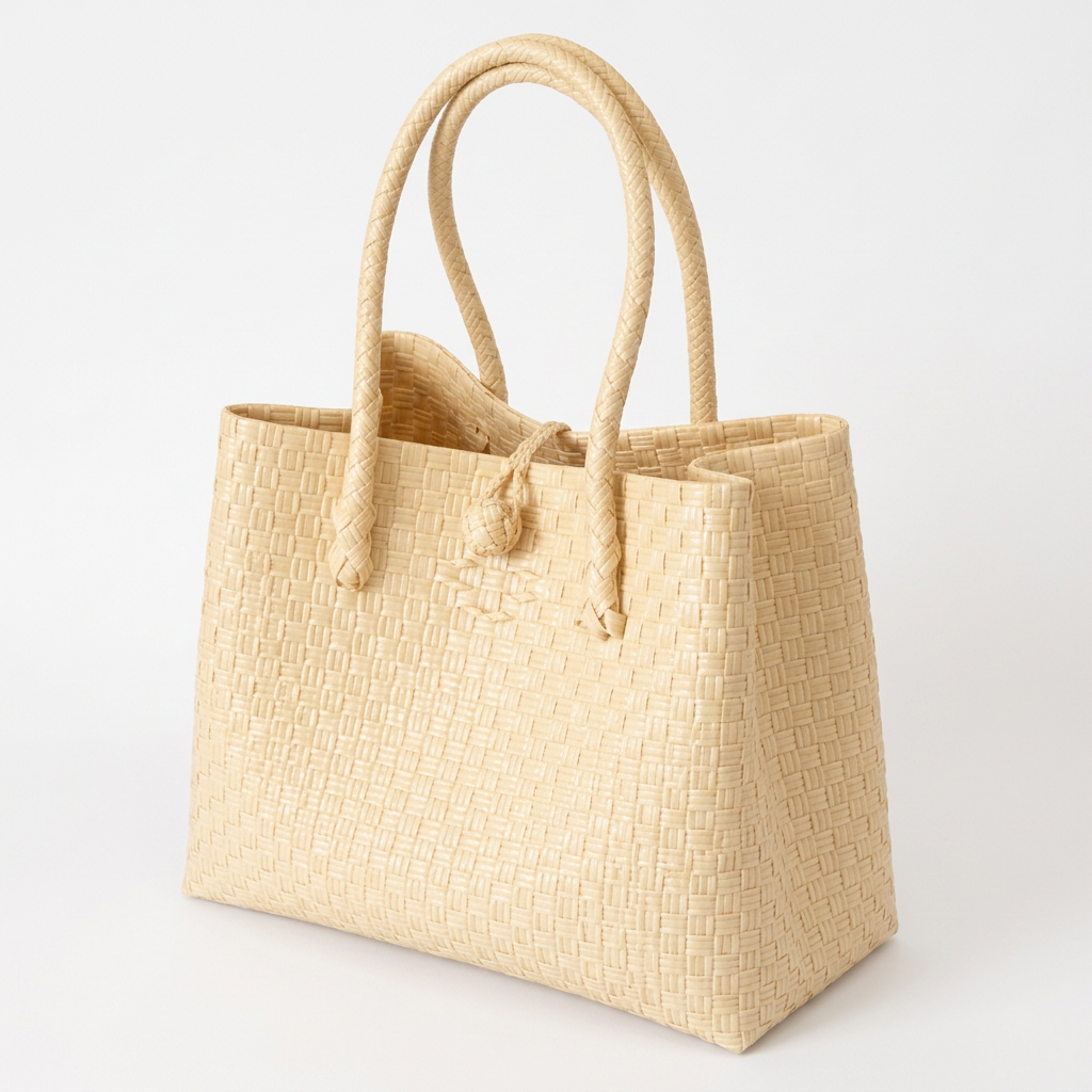 Habi Banig natural cream handwoven tote bag, 30-degree angle view