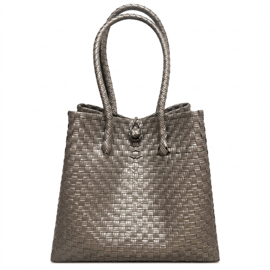 Habi Pilak silver handwoven tote centered with white space around the bag