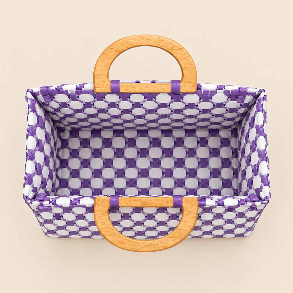 Aerial view of handwoven tote with wooden handles