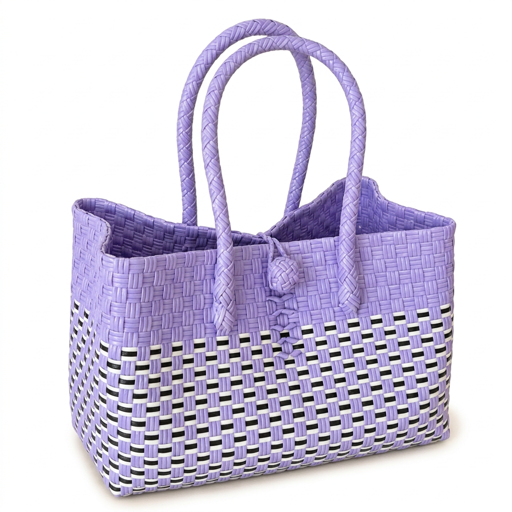 Lavender mini-tote Munting Lila with black and white woven accents, 30-degree angle view
