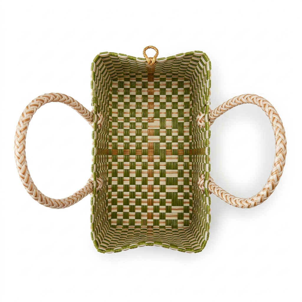 Dahon at Gatas olive and ivory compact tote, overhead open-top view with smaller framing on white