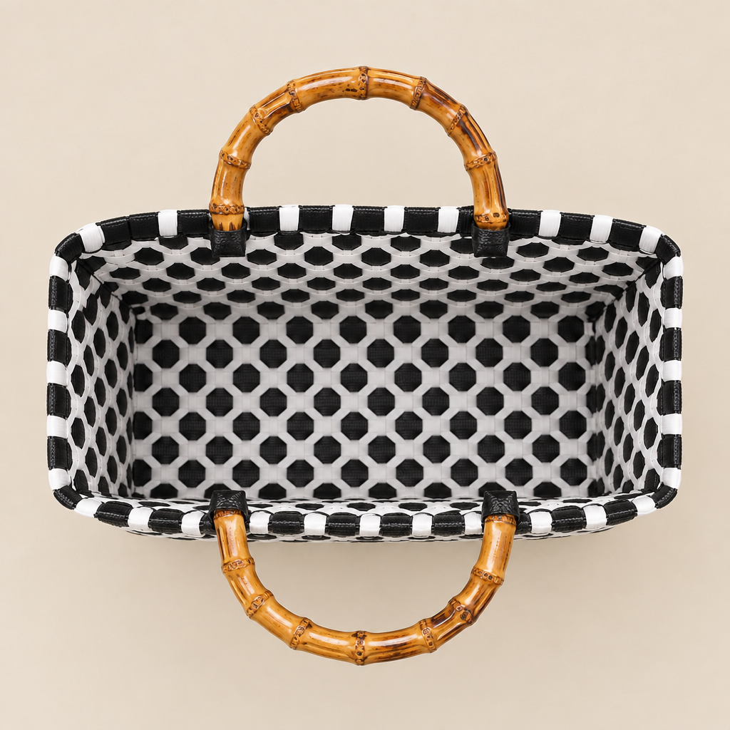 Aerial view of handwoven bag with bamboo handles