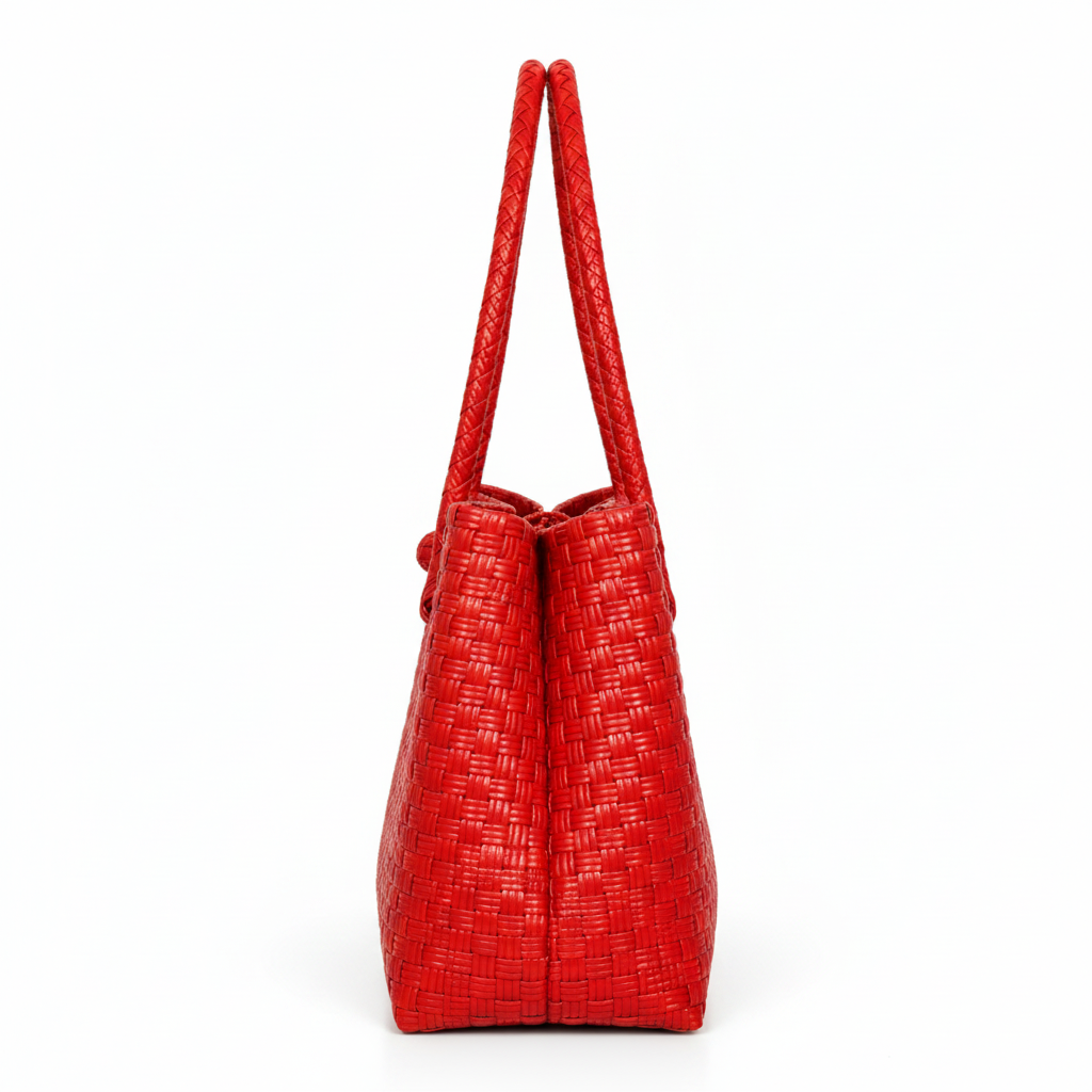 90-degree side profile of the bright red handwoven bag