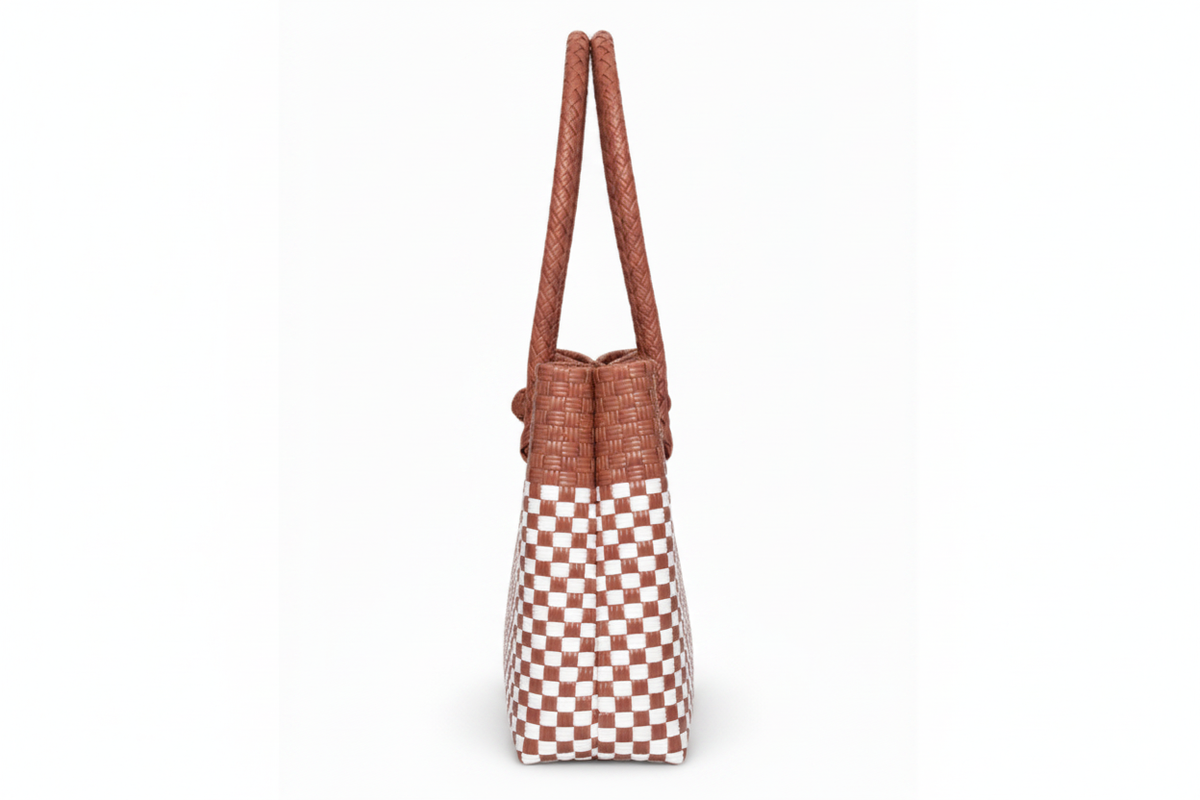 Horizontal side-profile view of the handwoven bag