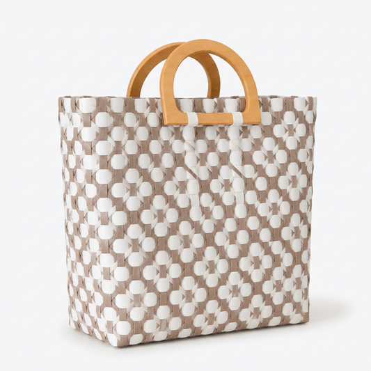 Habi Hamog taupe and white floral handwoven tote bag with wooden arch handles, 30-degree angle view