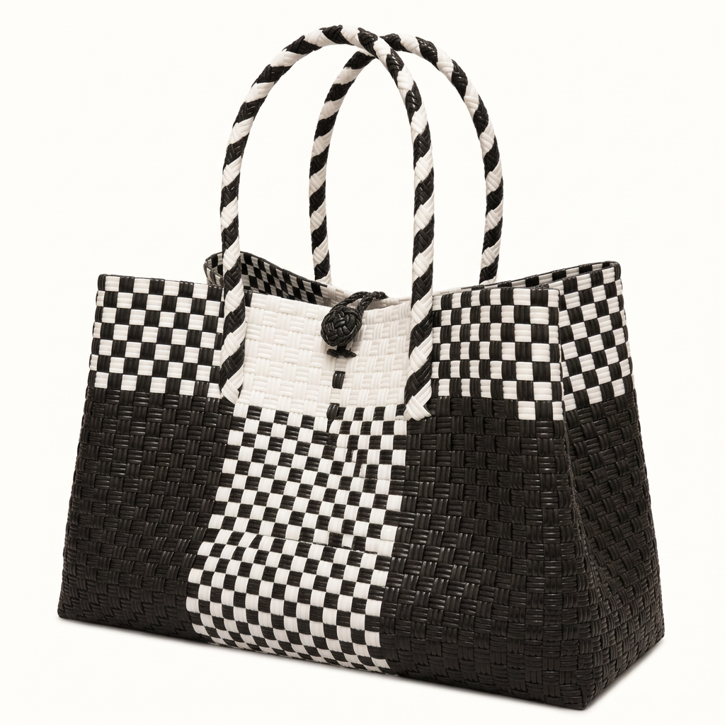 Habi Gabi at Araw black-and-white checkerboard woven tote, 30-degree angle view