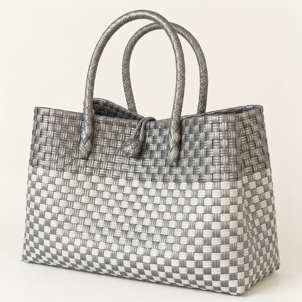 Silver-gray and white woven bayong tote at a 30-degree angle