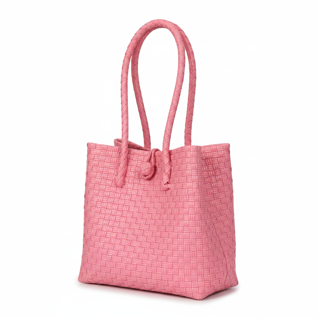 30-degree angle view of the pink handwoven bag