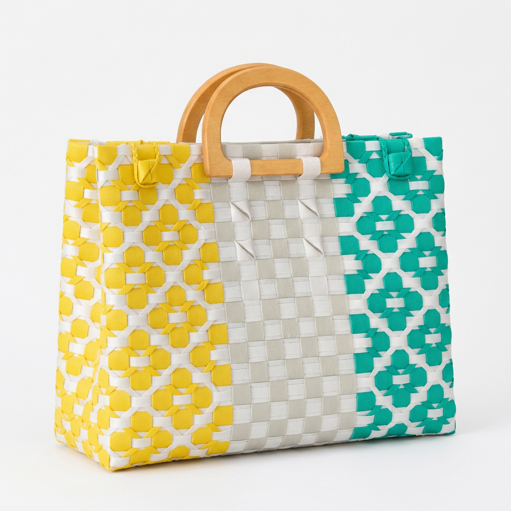 Habi Sari-Sari yellow, teal, and gray color-blocked handwoven tote bag with wooden arch handles, 30-degree angle view