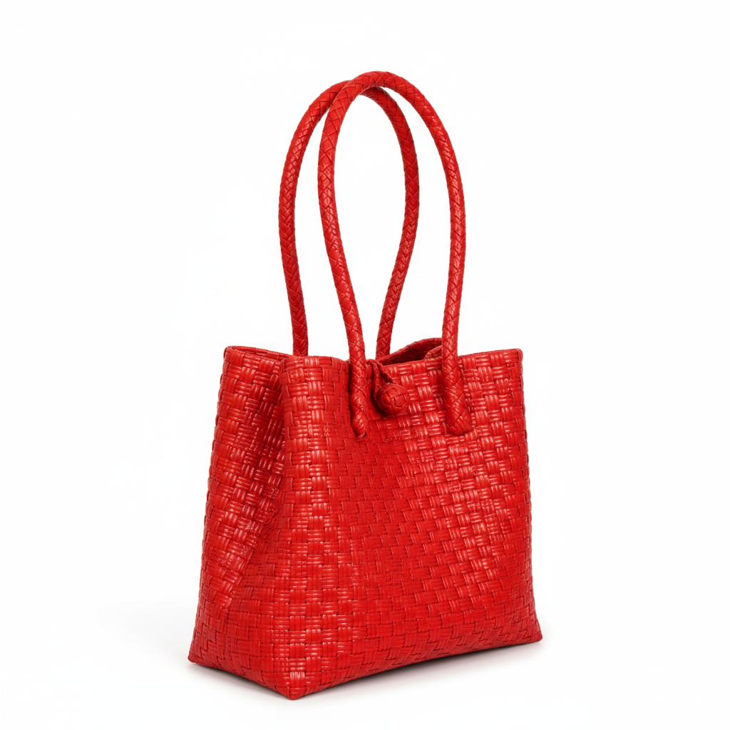 30-degree angle view of the bright red handwoven bag