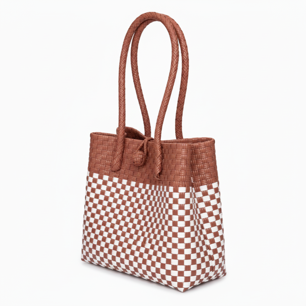 30-degree angle view of the handwoven bag