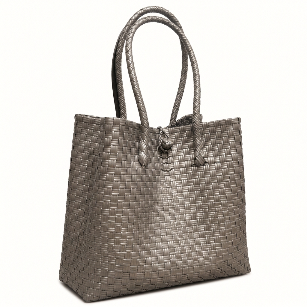 Habi Pilak silver woven tote, 30-degree angle view