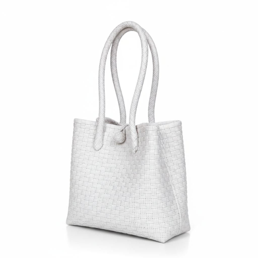 30-degree angle view of the white handwoven bag