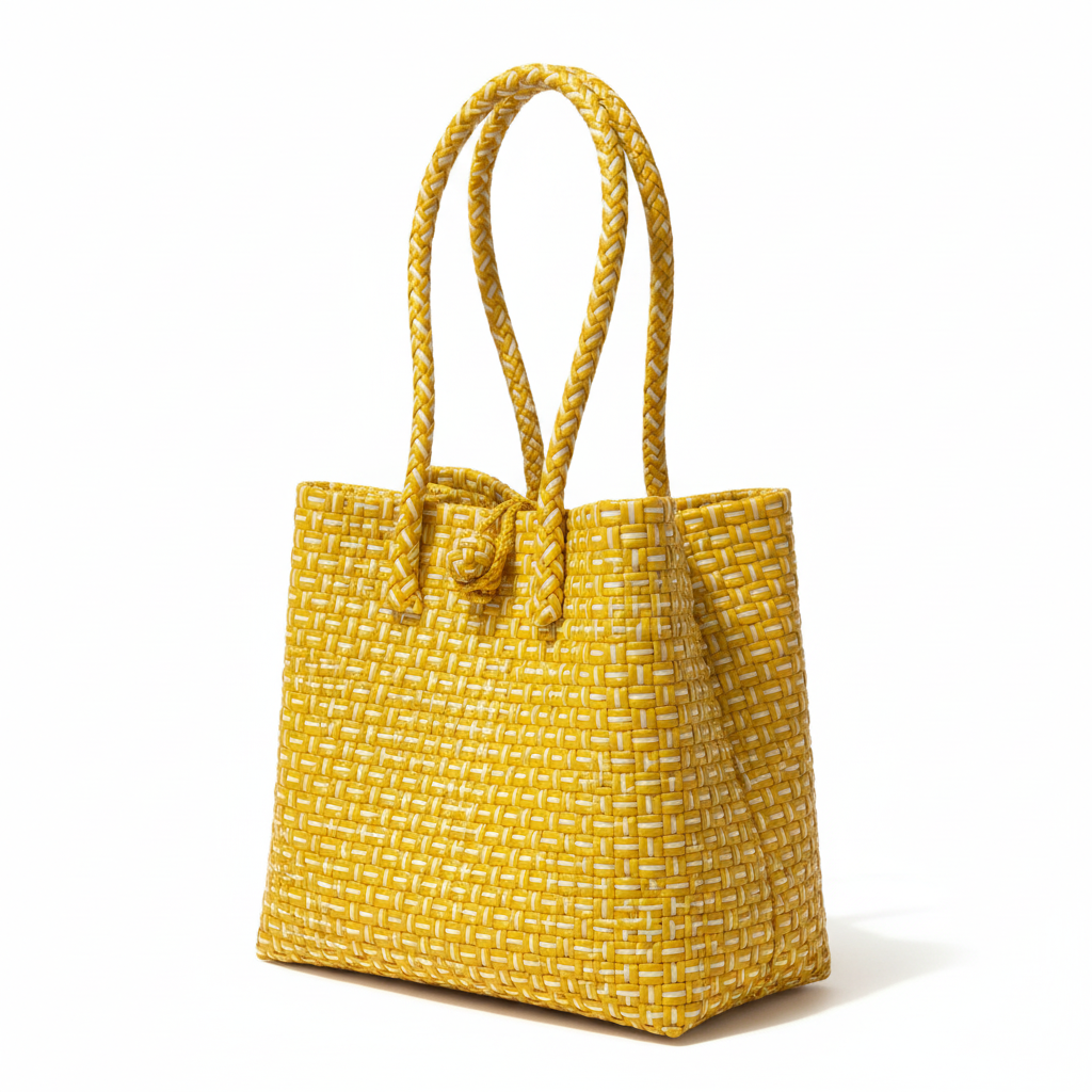 30-degree angle view of the golden yellow handwoven bag