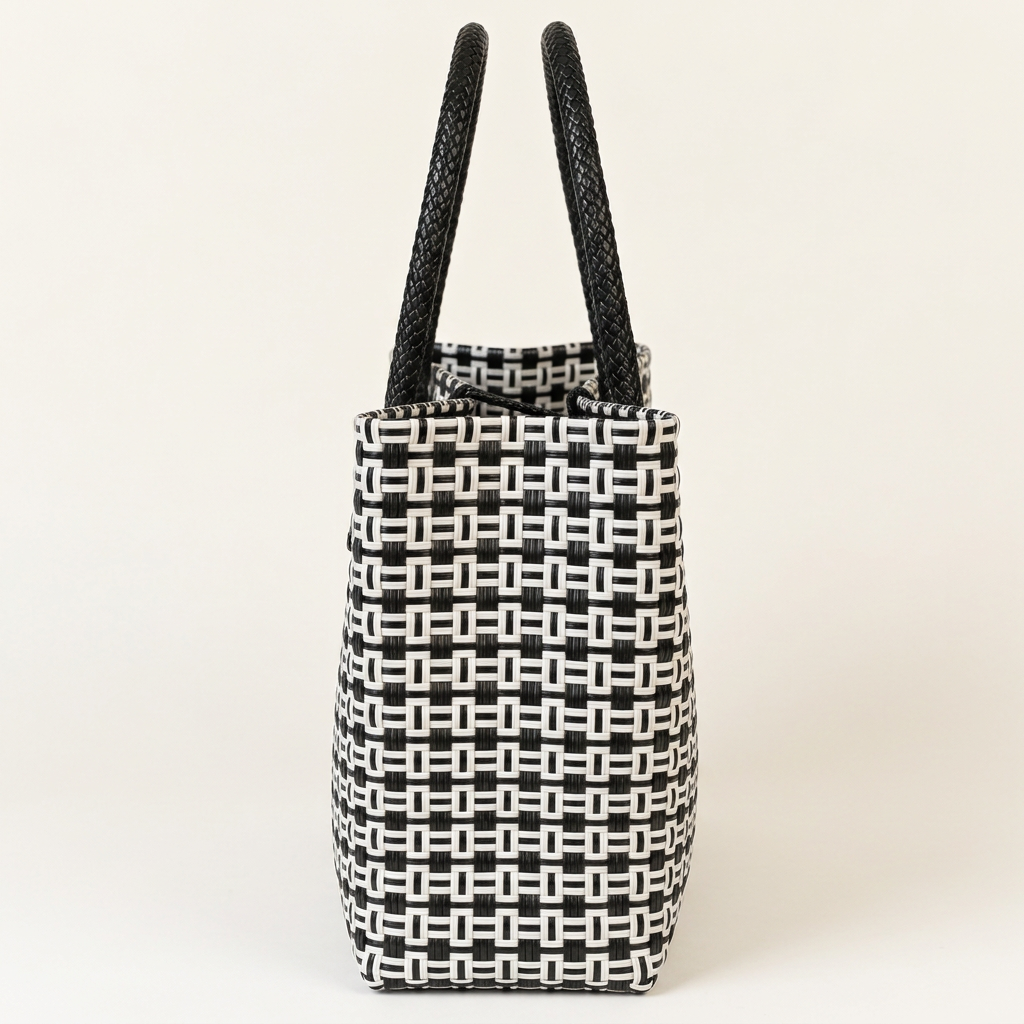 Side view of black and white geometric woven tote