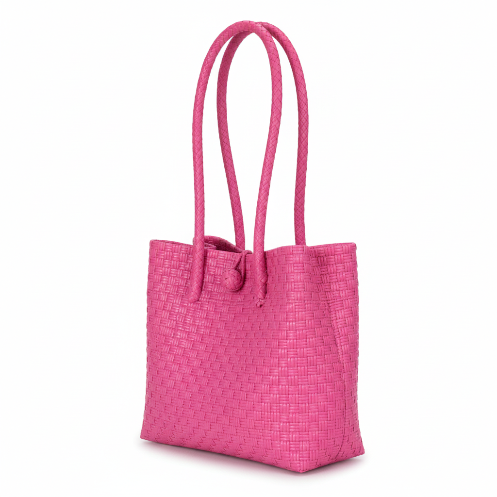30-degree angle view of the vibrant pink handwoven bag