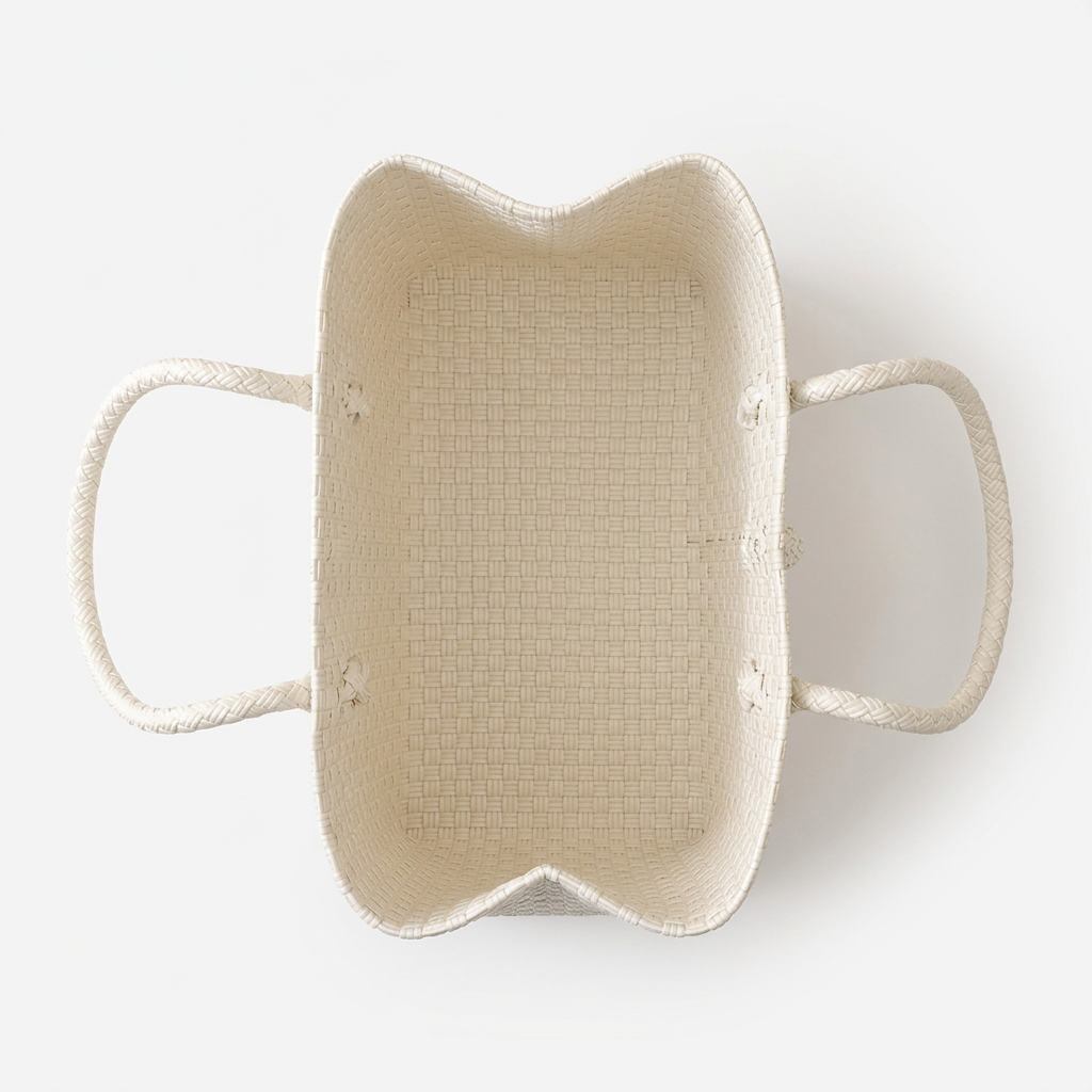Habi Gatas white handwoven tote bag, aerial top-open view
