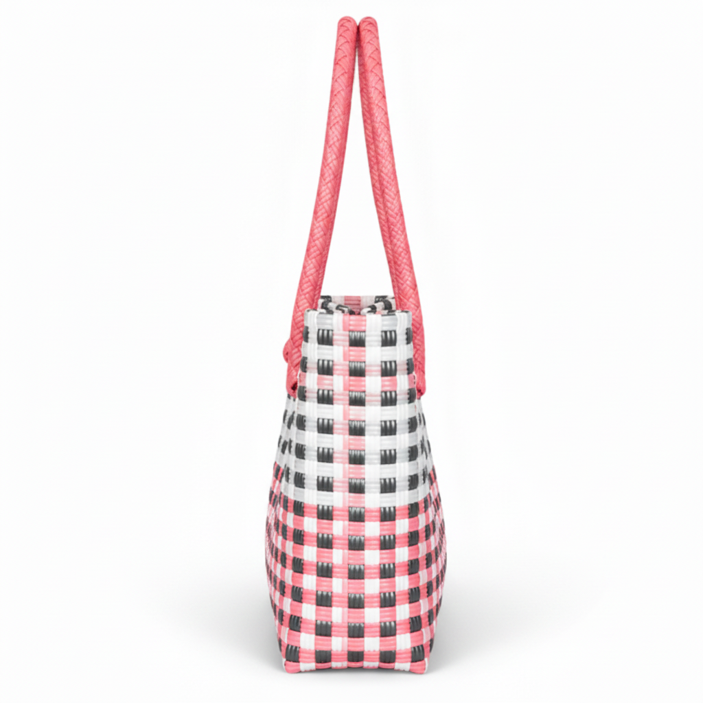 90-degree side profile of the checked handwoven bag