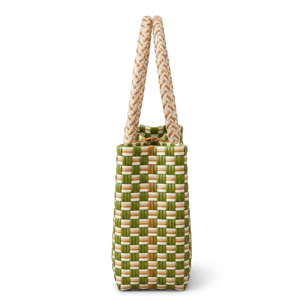 Dahon at Gatas olive and ivory compact tote, side view with smaller framing on white