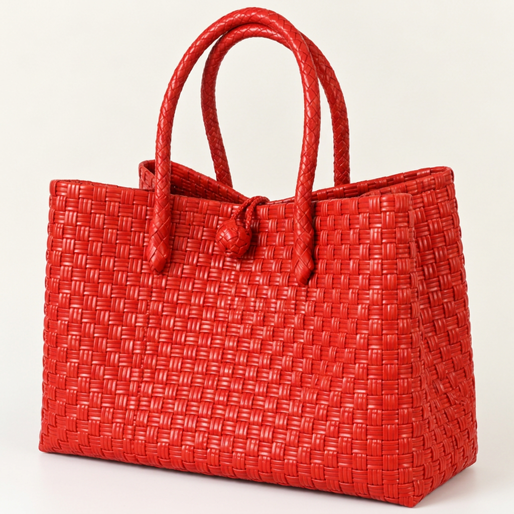 Scarlet red woven bayong tote at a 30-degree angle