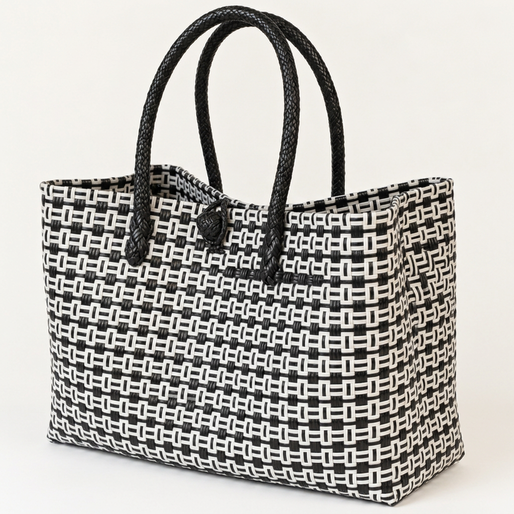 Black and white geometric woven tote at a 30-degree angle