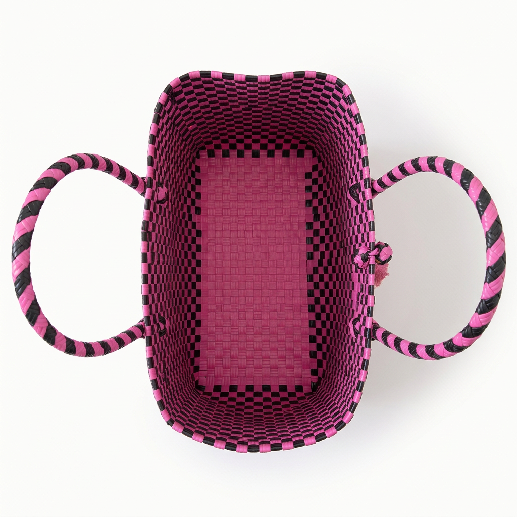 Habi Irog hot pink and black checkerboard handwoven tote bag, aerial top-open view