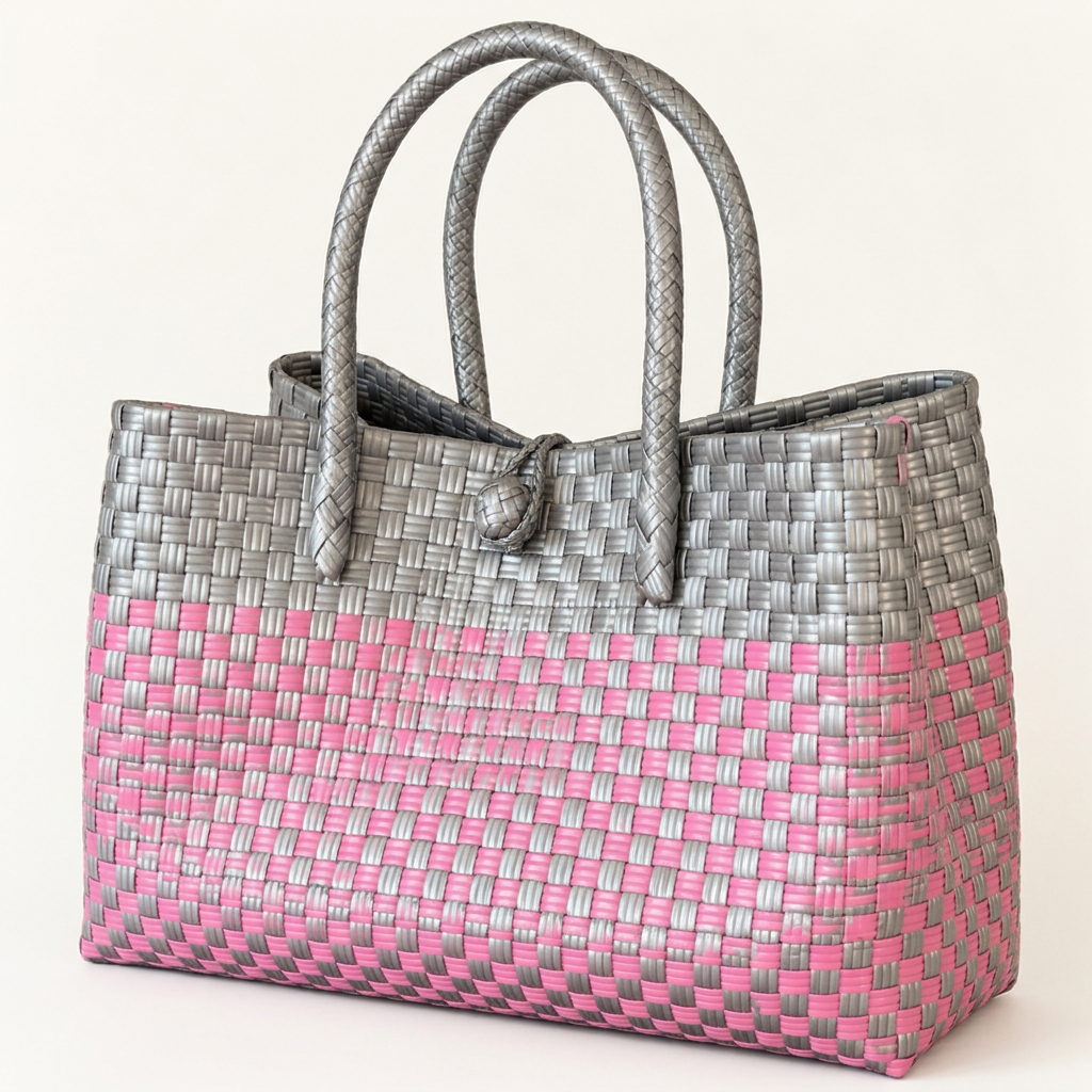 Pink and silver-gray woven tote at a 30-degree angle