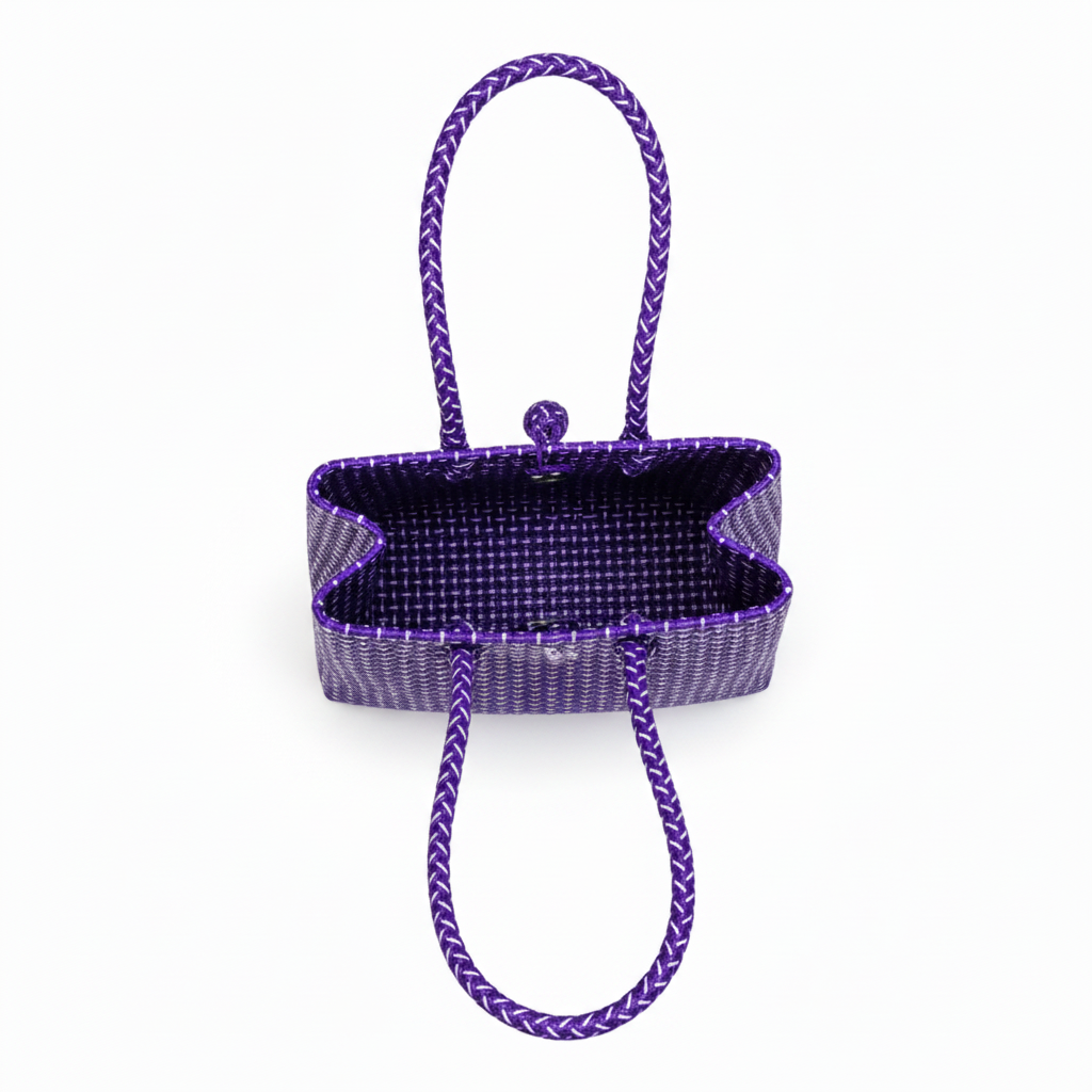 Aerial top-down view of the rich purple handwoven bag