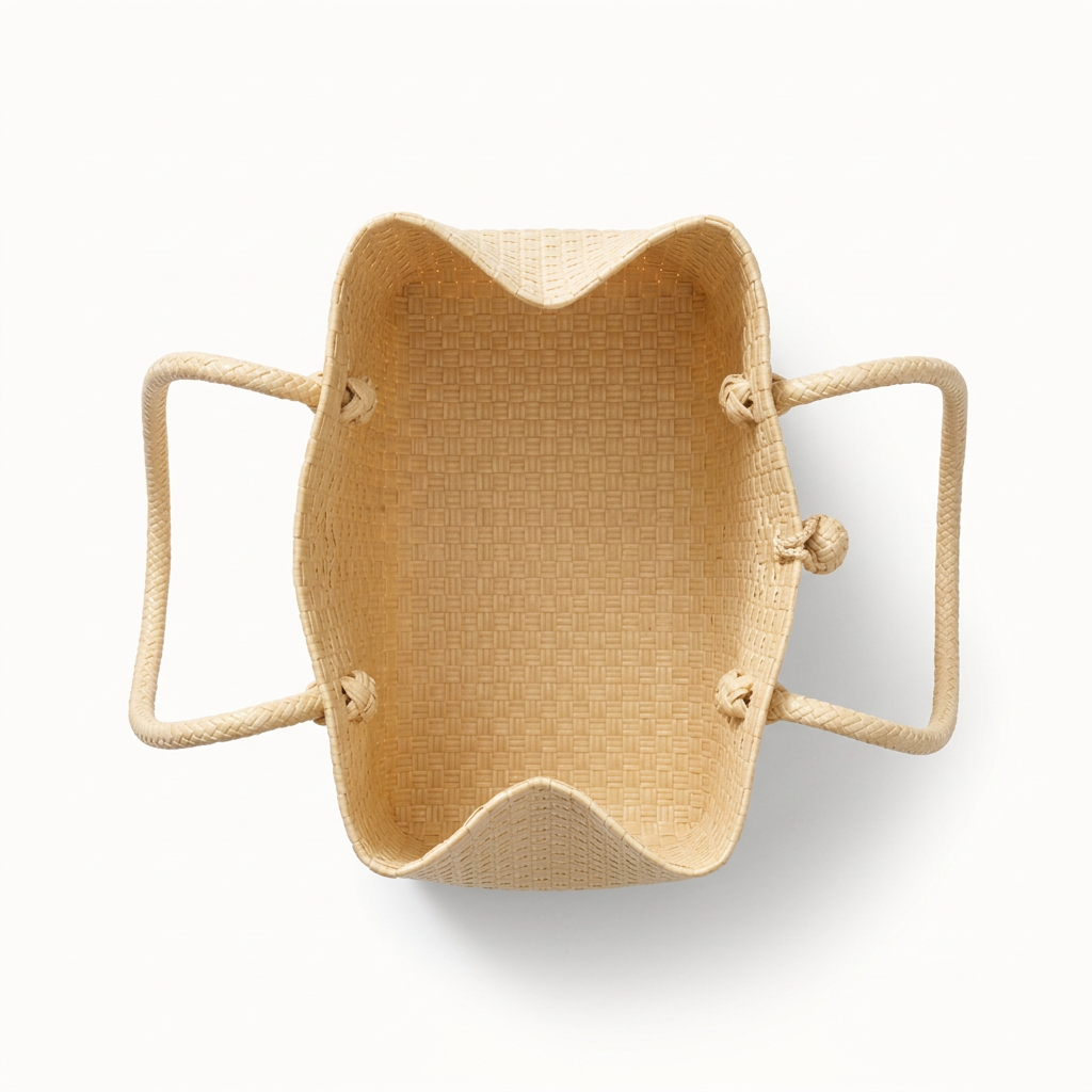 Habi Banig natural cream handwoven tote bag, aerial top-open view