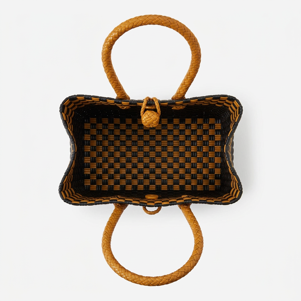 Sinag black and golden amber compact tote, aerial open-top view on white
