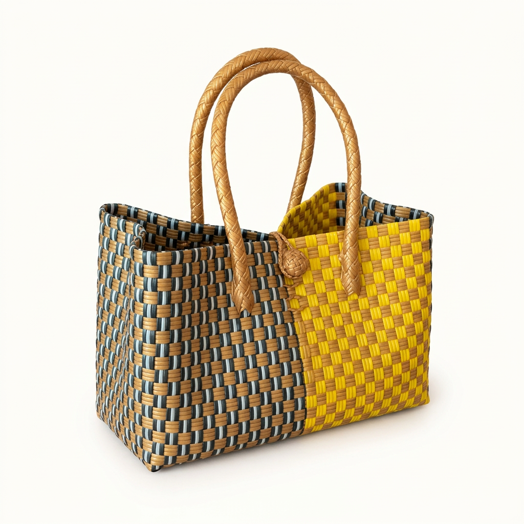 Sinag at Dagat yellow and teal compact tote, 30-degree angle view, smaller framing on white