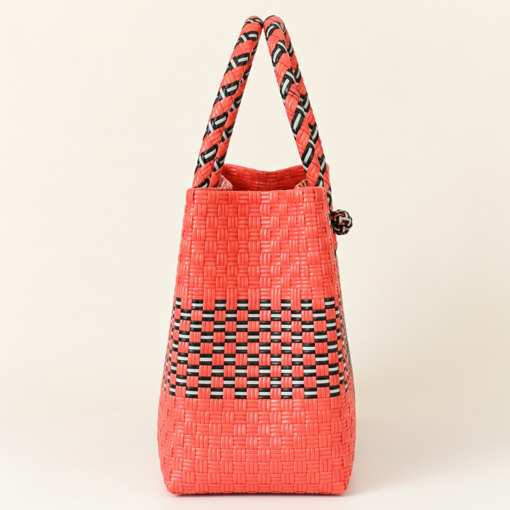 Side view of coral and black geometric woven bayong tote