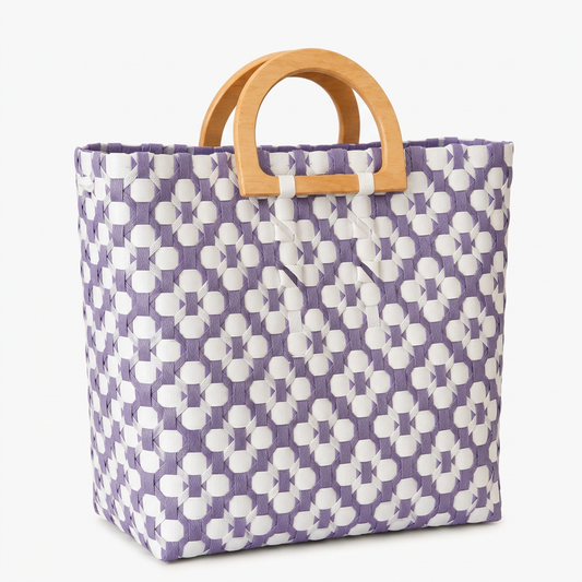 Habi Violeta lavender purple and white floral handwoven tote bag with wooden arch handles, 30-degree angle view
