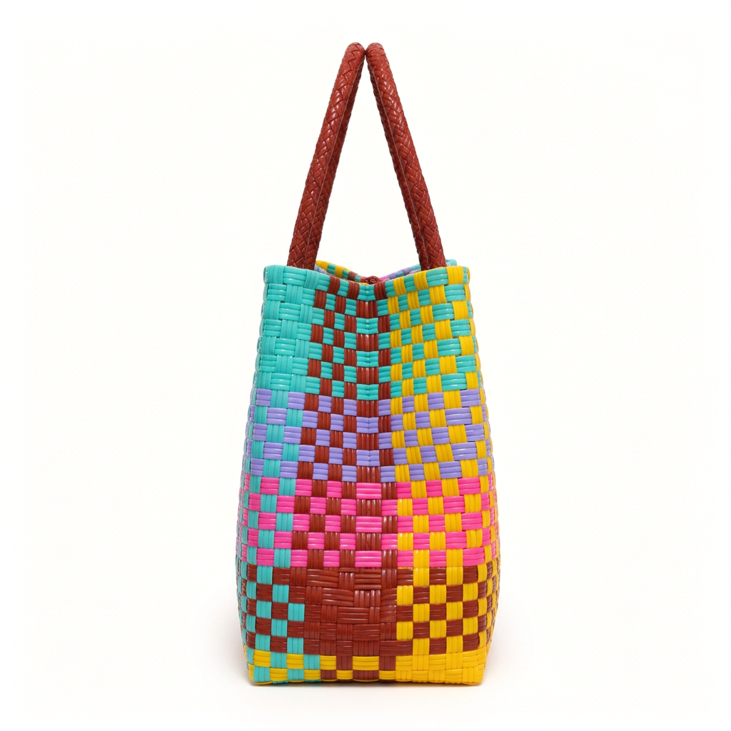 Habi Piyesta colorful patchwork woven tote, side view