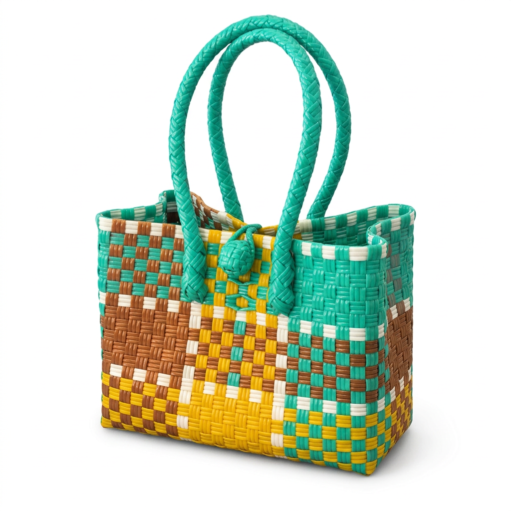 Kulay ng Pista turquoise yellow and brown patchwork petite mini tote, 30-degree angle view on white