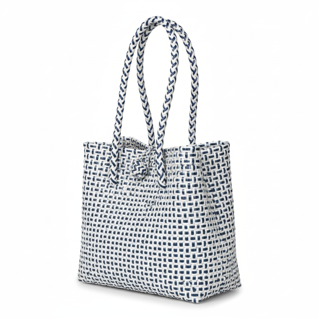 30-degree angle view of the handwoven bag